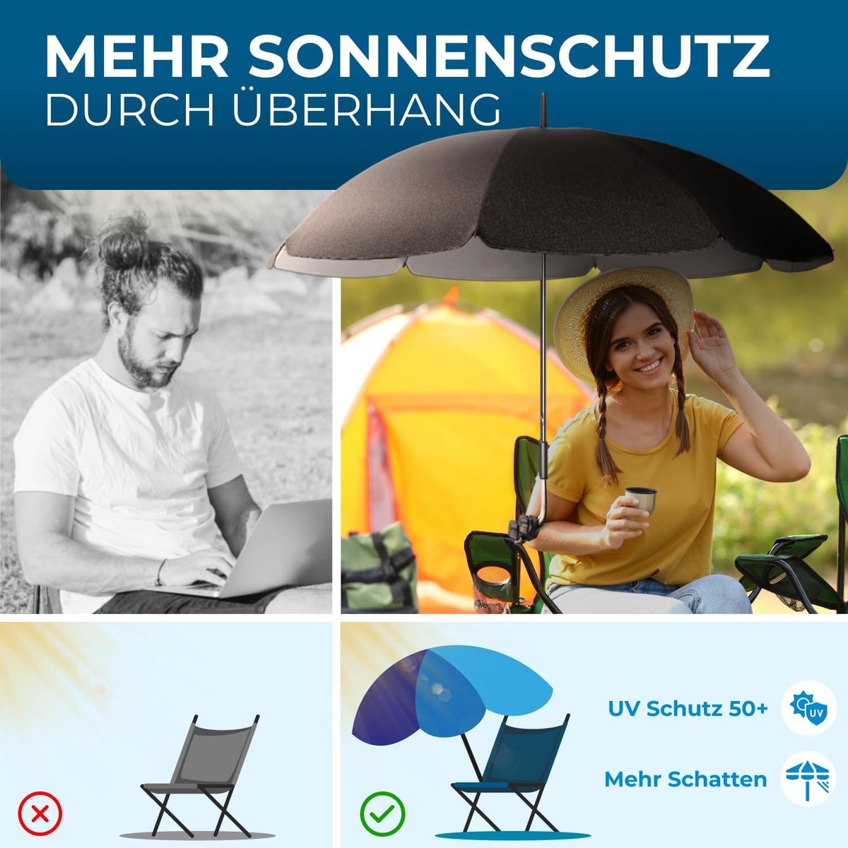 Strandparasol met draagtas - Zwart - 120 cm koepelmaat - Parasol met universele klem en UV-bescherming - Voor ligstoel en campingstoel