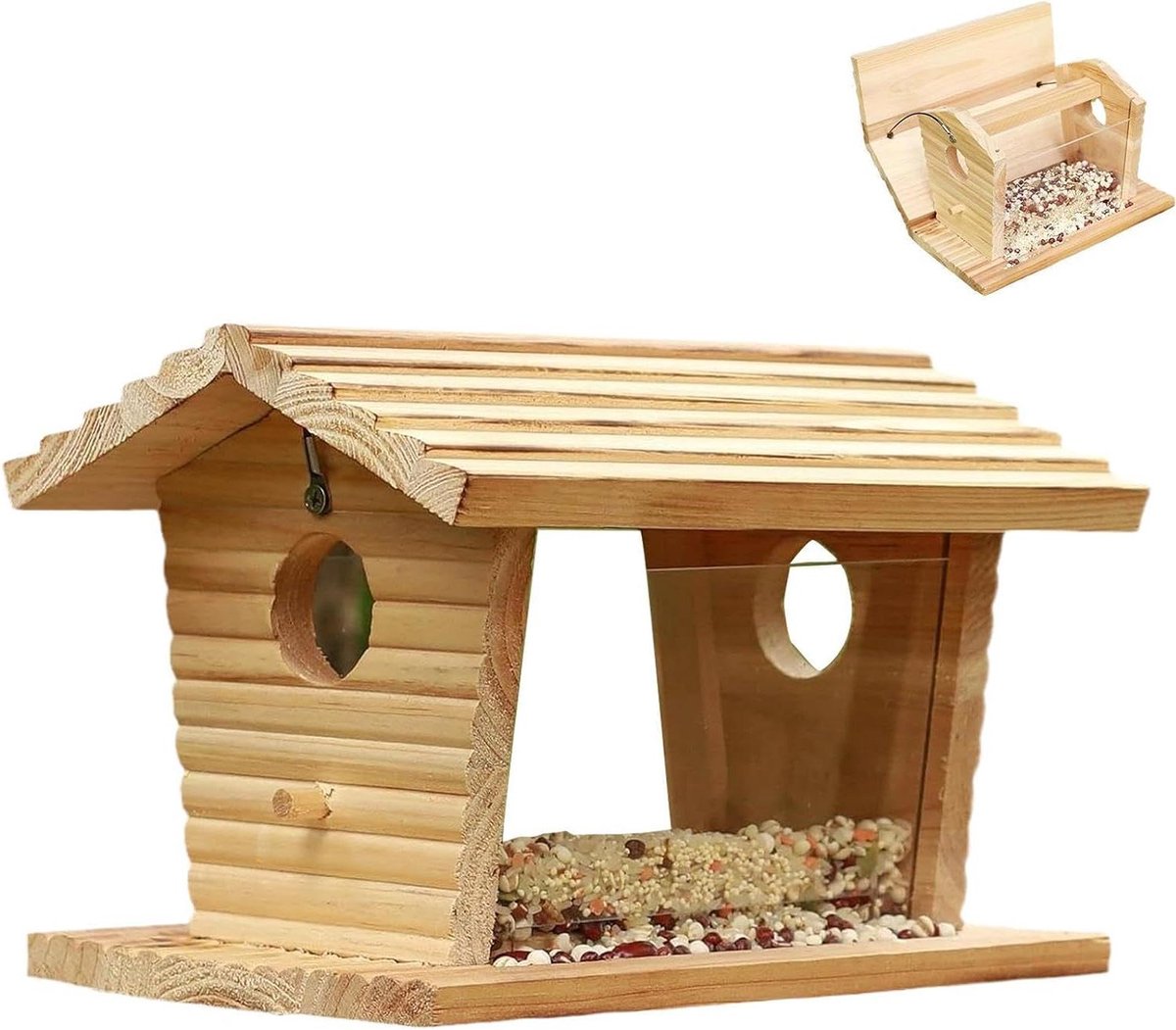 Houten Voederhuisje - Vogelhuisje Buiten - Vogels Voeren - Weerbestendig Ontwerp - 27x20x20 cm - Houtkleur