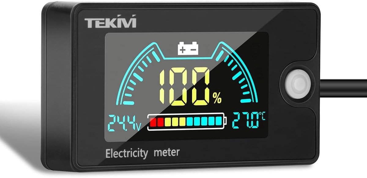 Batterijtester - Zwart - 8-100 V - Digitale Batterijcapaciteitsmonitor met Zoemeralarm en Temperatuurweergave - Voor Auto's en Campers