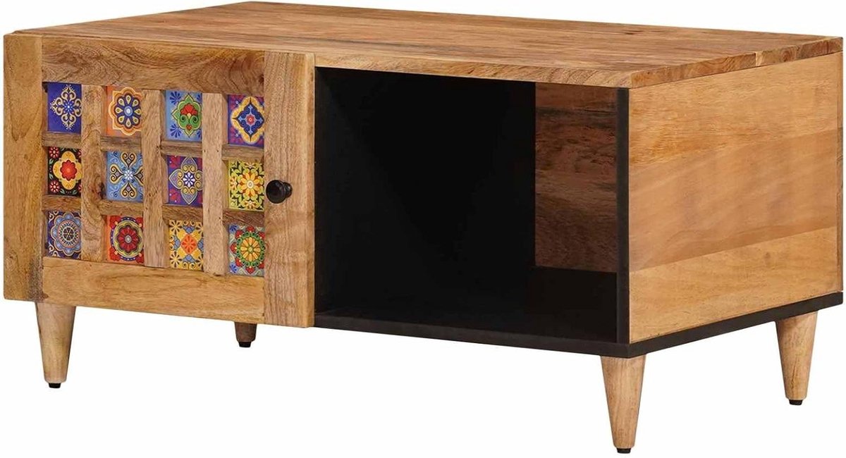 Massief houten salontafel - Bijzettafel rechthoek - Gezellige rondes - Met opbergruimte - 80 x 50 x 40 cm - Naturel
