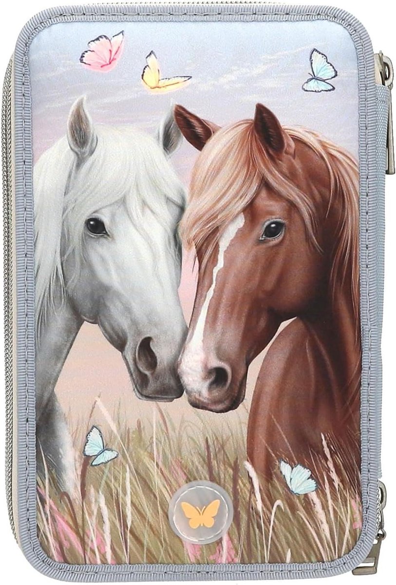 Gevulde etui - Pennendoos paarden - Naar school - Met LED-lampje - 20 x 13 x 75 cm - Lichtblauw beige