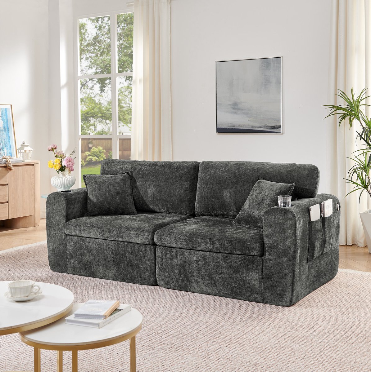 Wishdor 2-zitsbank chenille - Compact relaxsofa - Opbergvak en bekerhouder - USB-oplaadfunctie - zwart - 220 cm