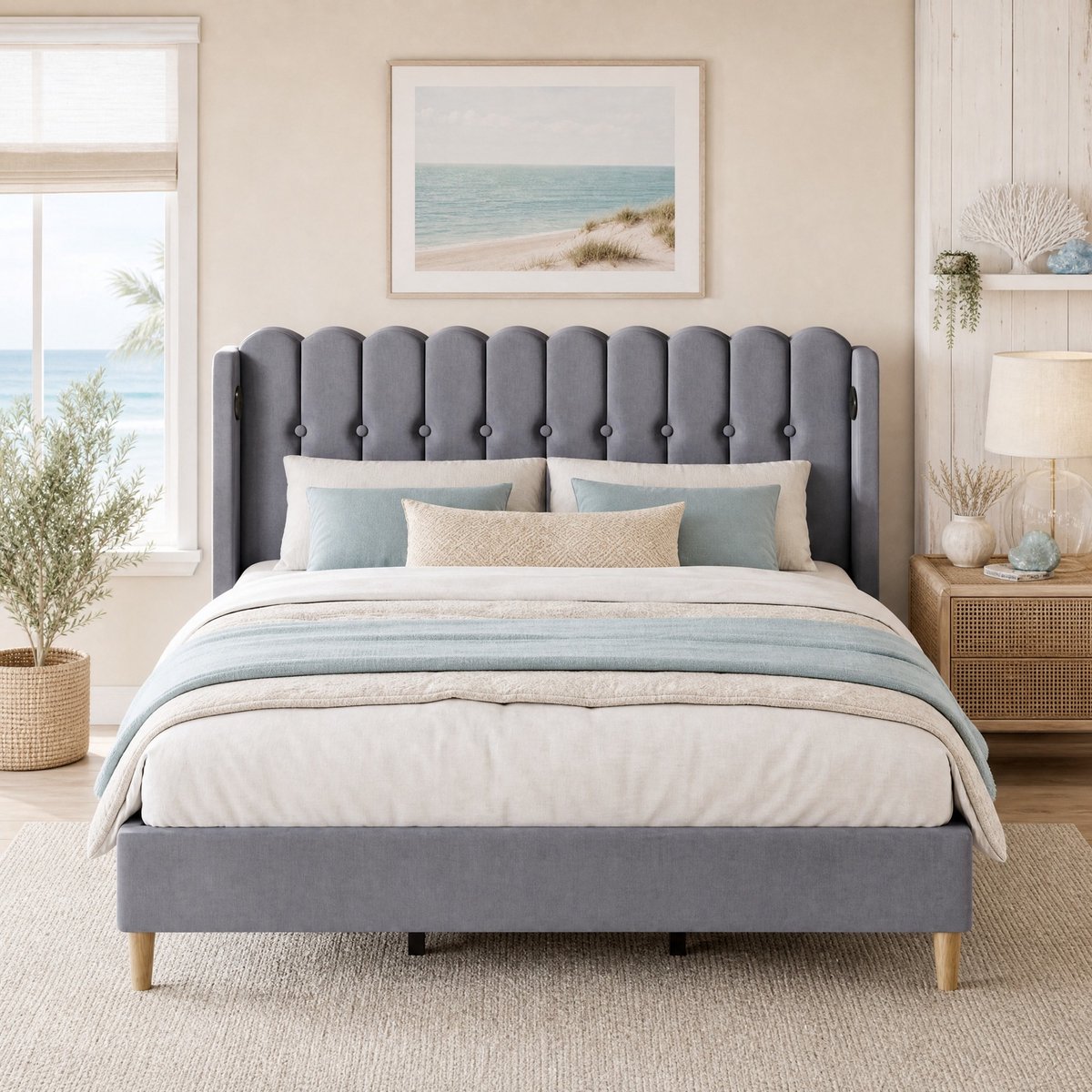 Wishdor Gestoffeerd tweepersoonsbed 180x200 cm - USB type-c laadfunctie - lattenbodem - grijs - leinen stof