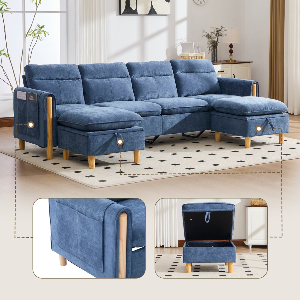 Woonkamer Hoekbank, U-Bank, 4-Zits bank, Grote U-Vormige Sofaset Met Twee Opbergpoefen; Modulaire Vierzitsbank Met Houten Tafelpoten; Comfortabele Stoffen Bank, Ideaal Voor De Woonkamer En Familiekamer-blauw