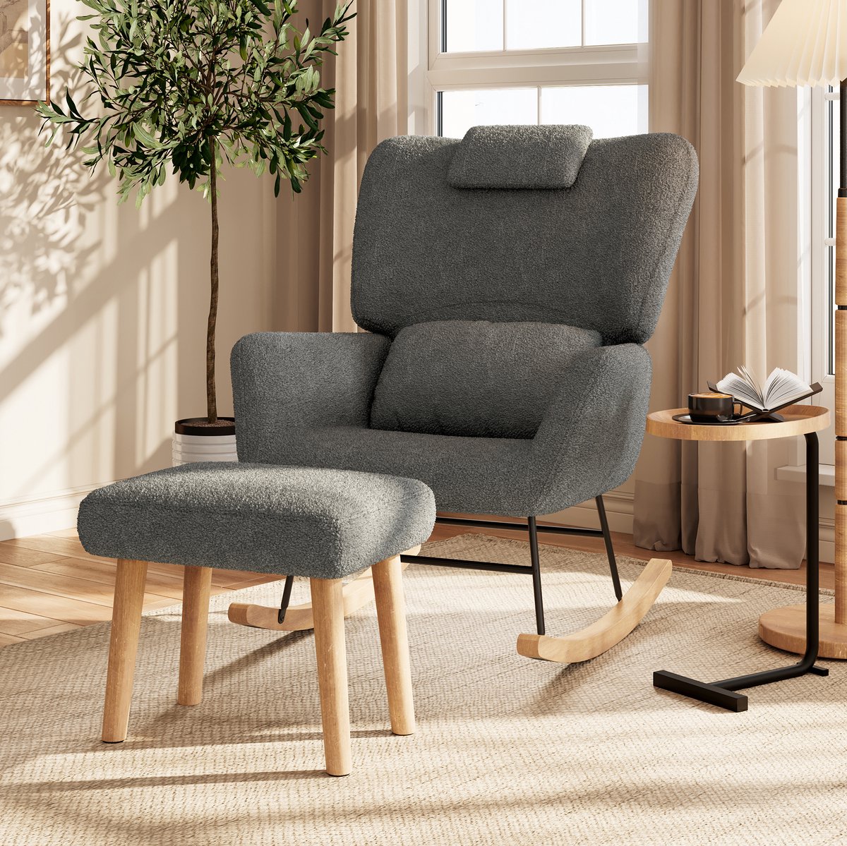 Schommelstoel 77x75x92,5 cm, relaxstoel met voetensteun, fauteuil voor woonkamer en bureau, metalen frame, teddy stof, grijs