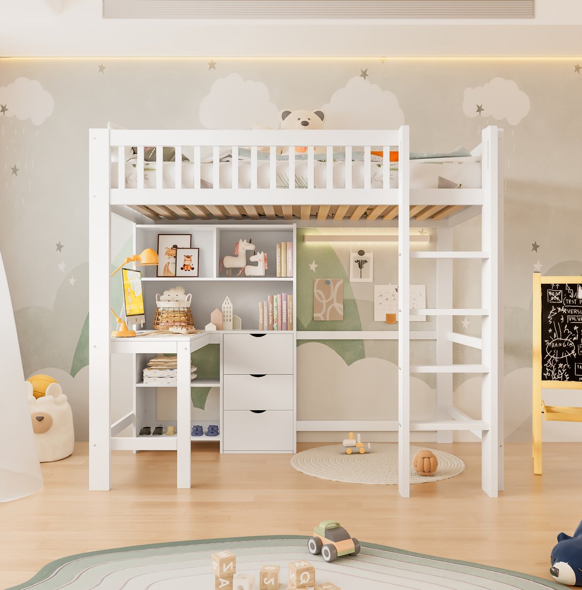 COVREO Hoogslaper 90x200 cm wit hout, met bureau opbergruimte en ladder