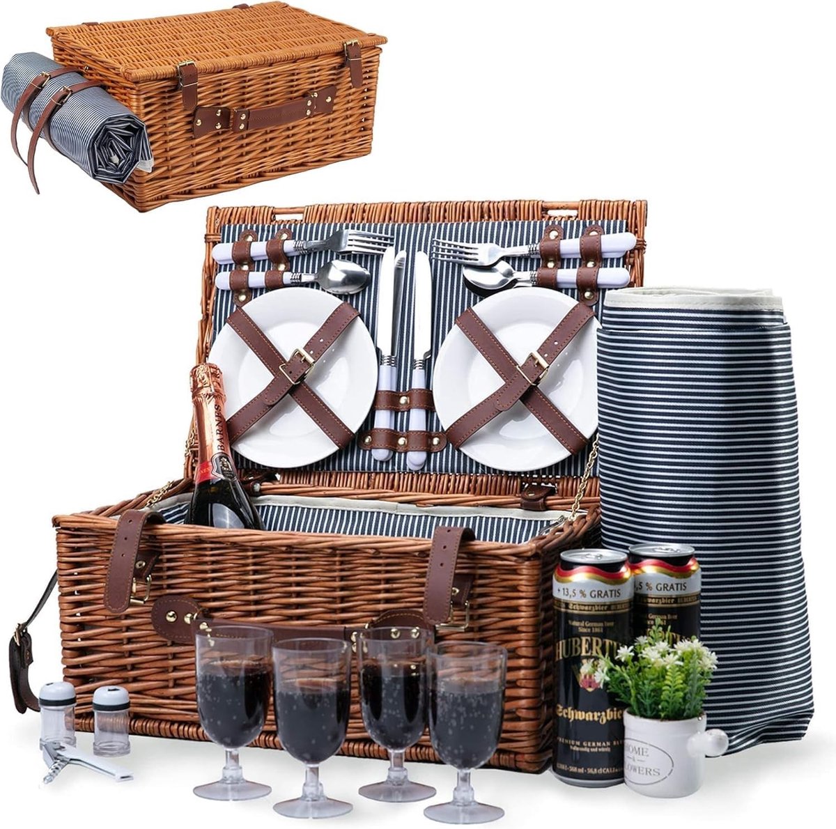 Picknickrugzakset - Bruin - Rieten Mand - Met Koelvak en Servies Voor 4 Personen
