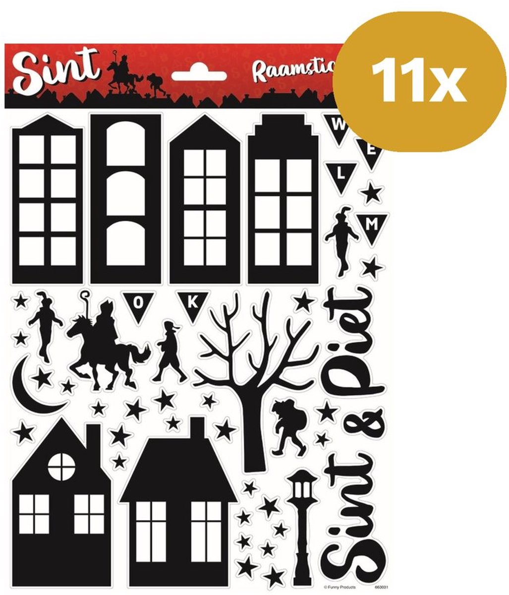 11x Sinterklaas Raamstickers A4 - Sint & Piet Silhouet Raamdecoratie - Herbruikbare Raamstickers