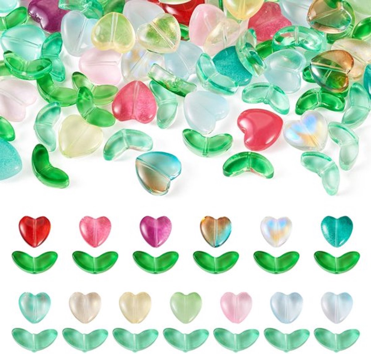Bloemkralen 78 Stuks - Transparante Glazen Kralen - Hart/Blad Kralen - DIY Sieraden Maken - 13 Kleuren - Opbergdoos 10.8x7.4x1.8cm - Sieradenkralen