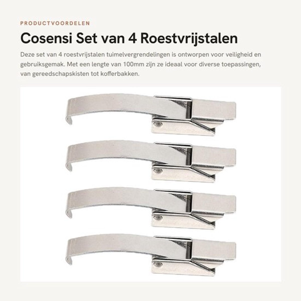 Tuimelvergrendeling 4 Stuks - Roestvrij Staal - 100 mm Lengte - Klemklem met Veerstalen Haak - Stabiel en Betrouwbaar - Corrosiebestendig - Deurslot