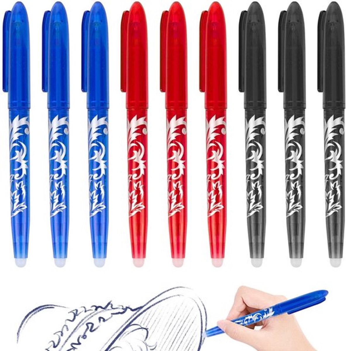 Uitwisbare balpen, gelpen, 9 rollerbalpennen, uitwisbare pen, 0,5 mm uitwisbare pen, wrijvingspennen voor schoolbenodigdheden, kantoorbenodigdheden, studenten, blauw/zwart/rood