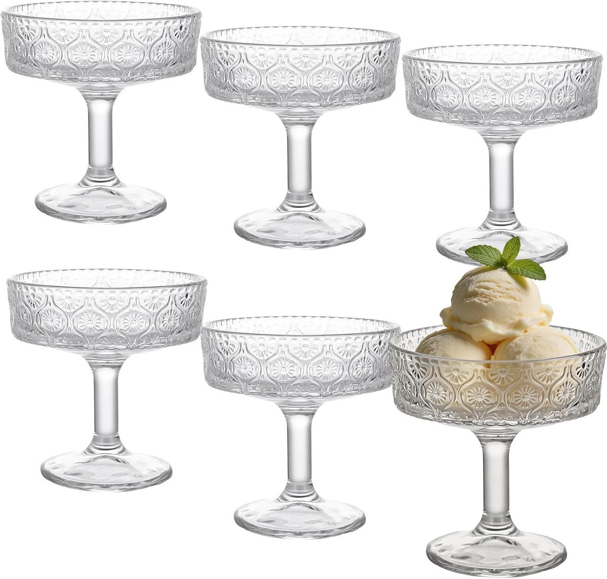 SnelShoppen - Set van 6 Elegante 200 ml Glazen met Bloem Motief - Perfect voor Cocktails, Champagne, IJs, Fruitsalade en Pudding - Duurzaam Glas voor