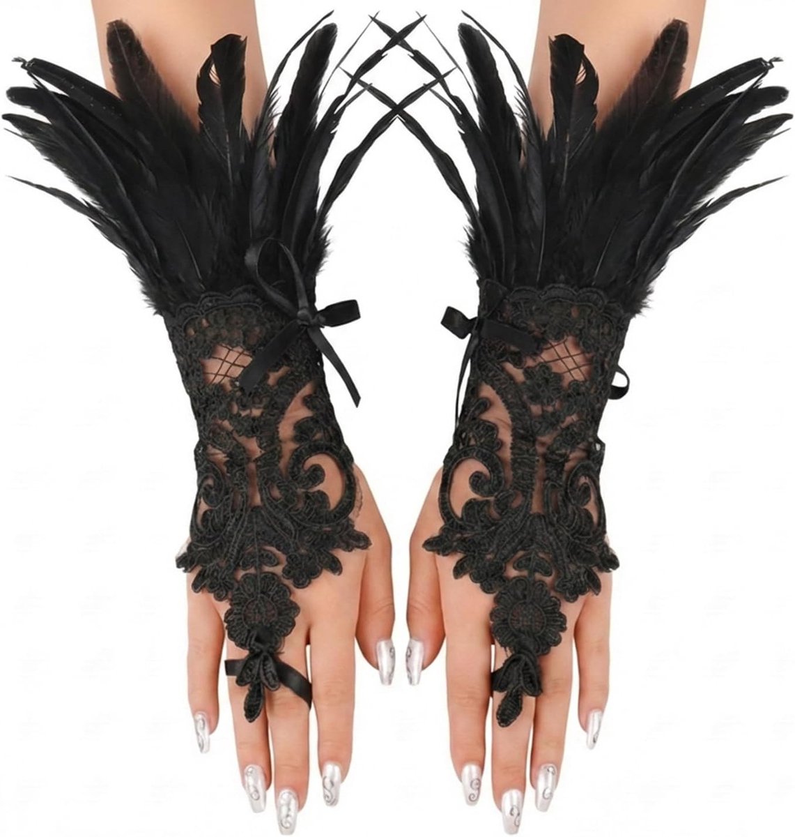 Elegante Vingerloze Zwarte Kanten Handschoenen met Veren en Verstelbare Strik voor Carnaval en Halloween Accessoires voor Showgirl Kostuums