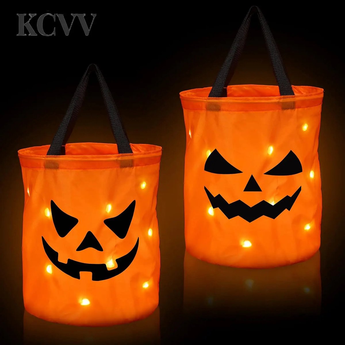 Halloween snoepzakjes-halloween snoepemmer-2-delige LED Halloween pompoen tas - Trick or Treat - Opvouwbare snoepverzamelaar - Herbruikbare lichtgevende container - Oranje - 25 x 30 cm
