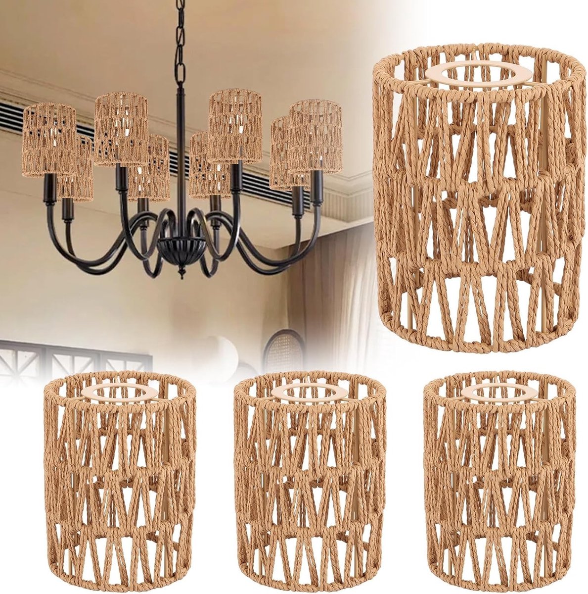 Boho Lampenkap Set van 4 - 12x12x15cm Rieten en Papieren Hanglampen voor Tafel- en Plafondlampen in Natuurlijke Stijl