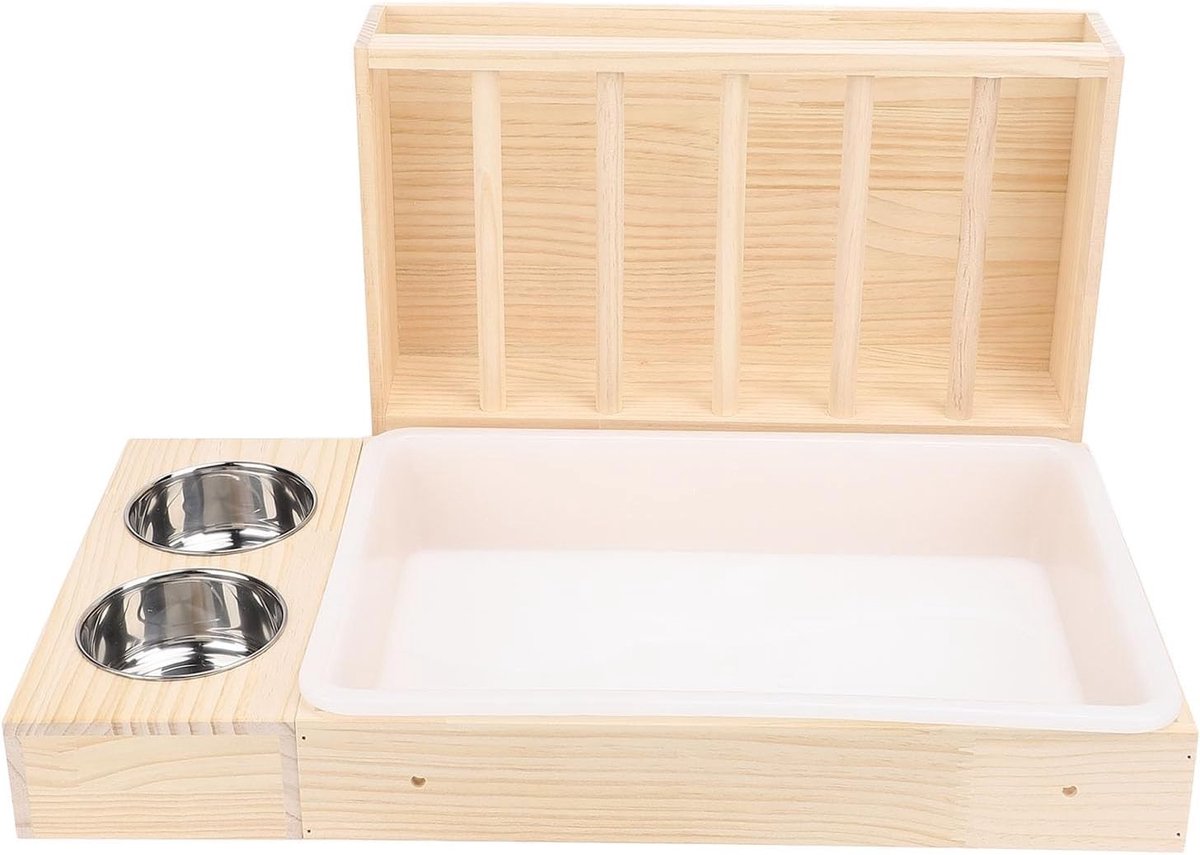 3-in-1 Hooi Voeder voor Konijnen en Cavia's met Snack Box en 2 RVS Schalen, Gemakkelijk en Spill Resistant