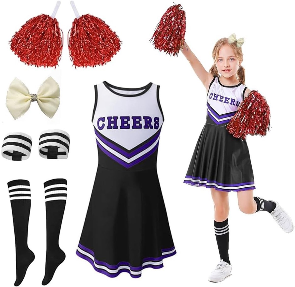 Leuke Cheerleader Kostuum voor Kinderen, Compleet met Pompoms, Sokken en Haaraccessoires voor Carnaval en Halloween, Geschikt voor Meisjes tot 140 cm