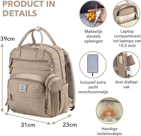Brisby Premium Luiertas – Uitgebreide en Functionele Verzorgingstas – met buggymontage – Anti Diefstal Vakken - Reistrolley Sleeve - Inclusief verschoonmatje t.w.v.15,99 euro en speenhouder - Levenslange Garantie - Natural Greige — afbeelding 3