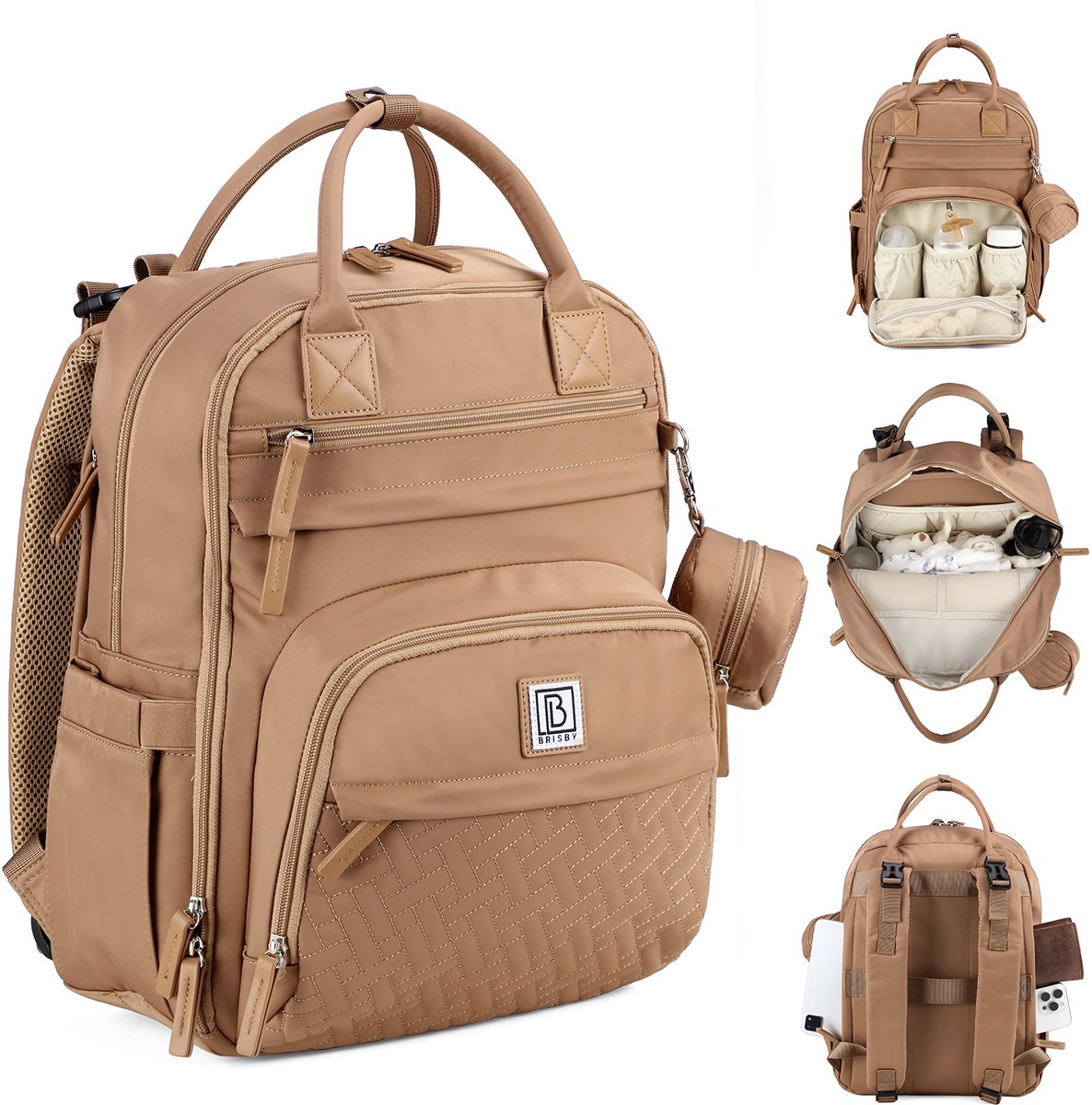 Brisby Premium Luiertas – Uitgebreide en Functionele Verzorgingstas – met buggymontage – Anti Diefstal Vakken - Reistrolley Sleeve - Inclusief verschoonmatje t.w.v.15,99 euro en speenhouder - Levenslange Garantie - True Terracotta