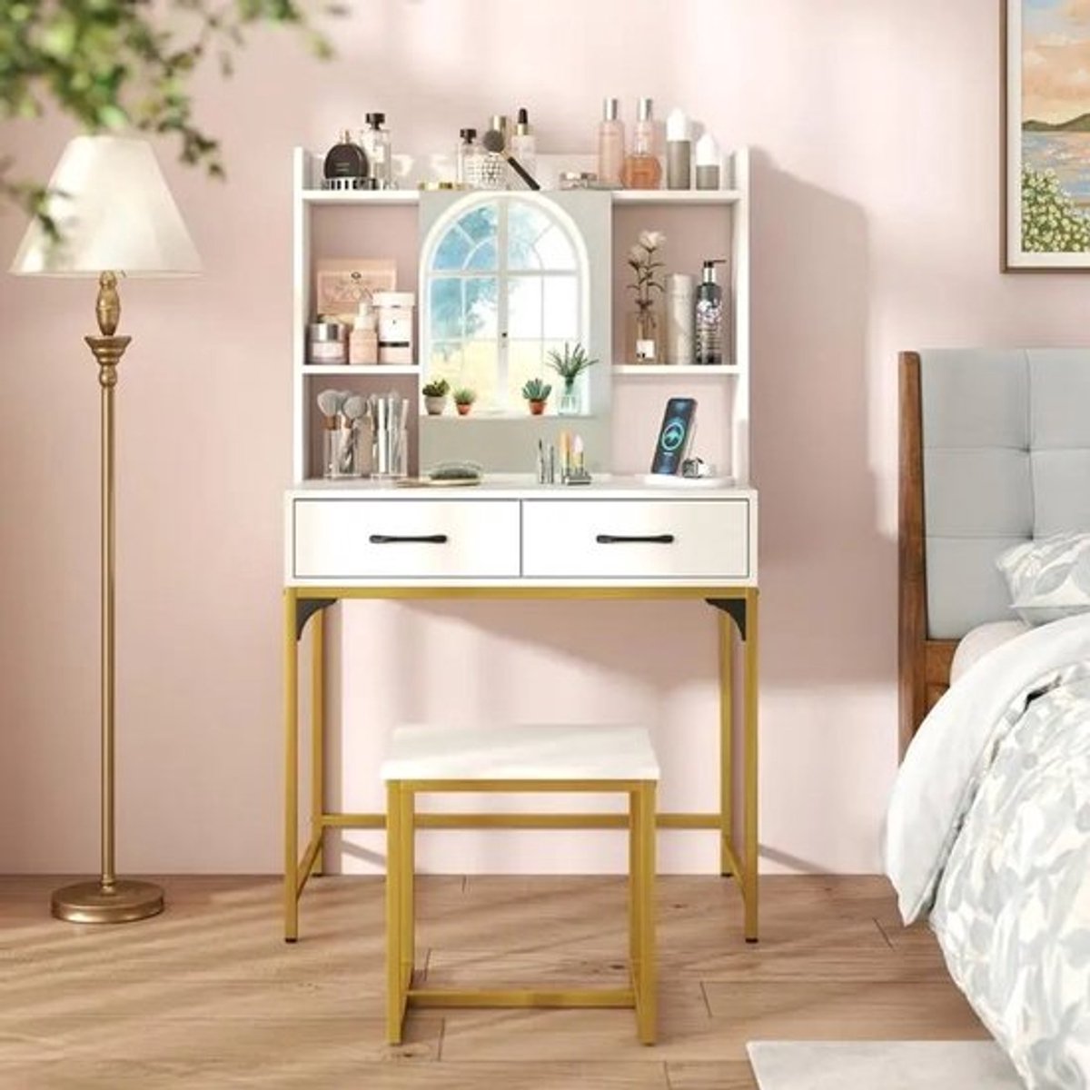 Kaptafelset met spiegel & oplaadstation, laden, open planken en spiegelkast voor slaapkamer, wit - AliExpress
