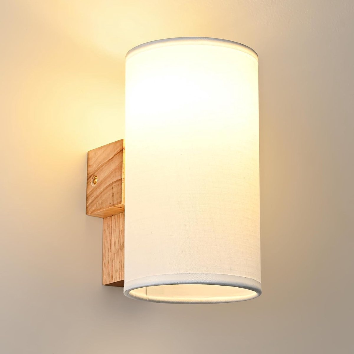 Wandlamp - Wit en Hout - 10 x 13,5 x 18 cm - Retro Cilindrisch Ontwerp - Voor Slaapkamer en Woonkamer