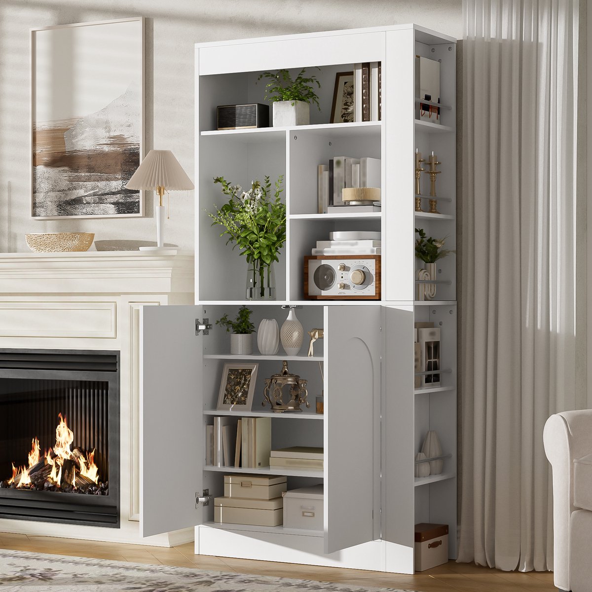 Pugsdrly Moderne multifunctionele opbergkast, hoge kast met open plank, 2 deuren en opbergvakken aan de zijkant, voor de woonkamer, eetkamer, werkkamer en slaapkamer, wit, 85 × 35 × 180 cm