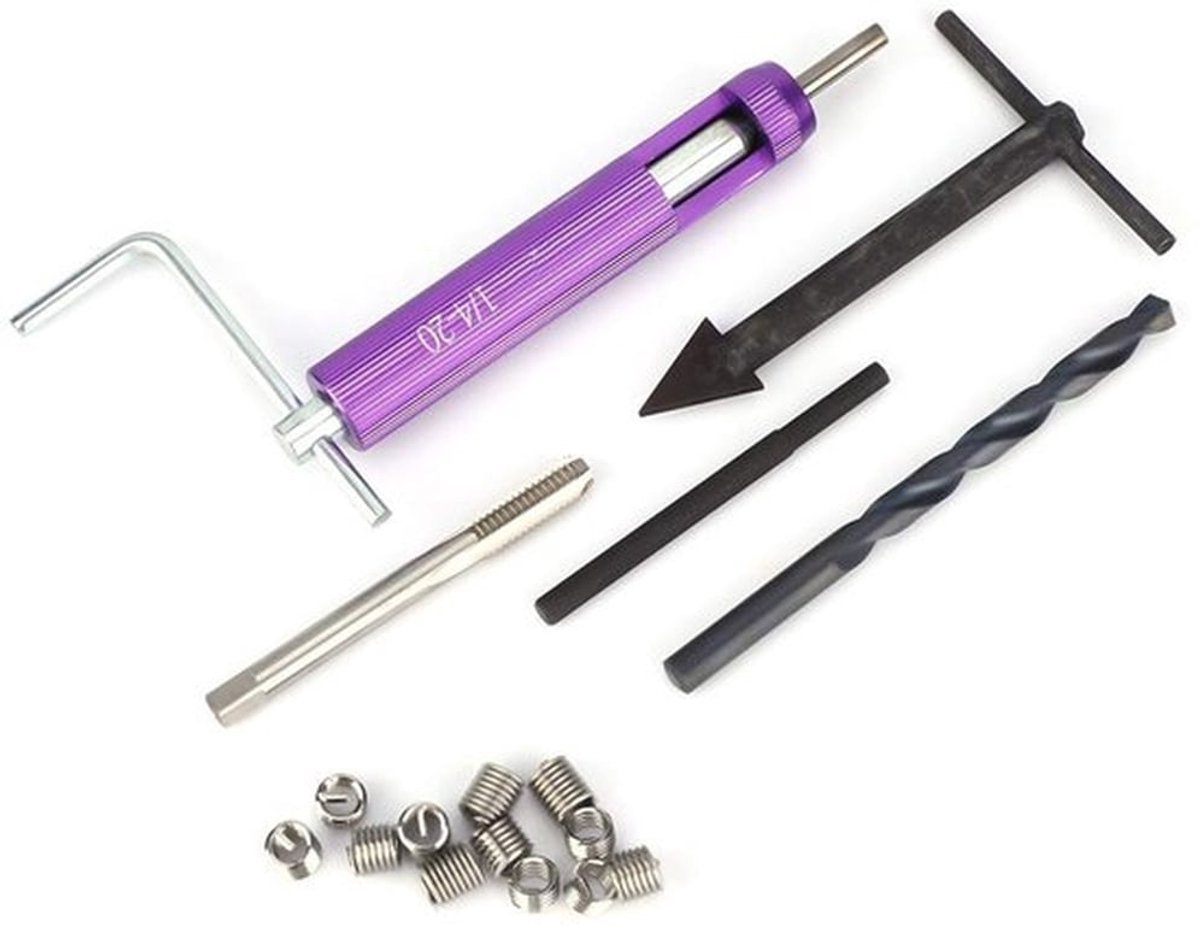 Draadreparatie Insertkit 12 stuks - Hoogwaardige Staal/Roestvrij Staal - 1/4-20UNC - Inclusief Handgreep/Boormachine - Ideaal voor Reparatie van Schroefdraden - Draadreparatiekit