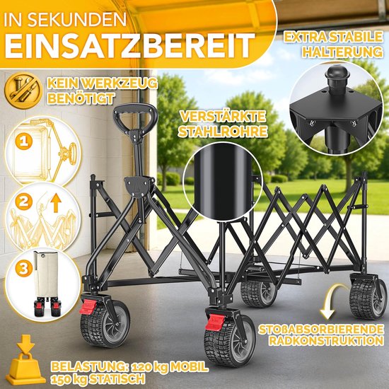 Bolderkar Opvouwbaar - Handwagen Transportwagen - Spullen Vervoeren - Extra Brede Banden - 300 liter - Beige — afbeelding 2