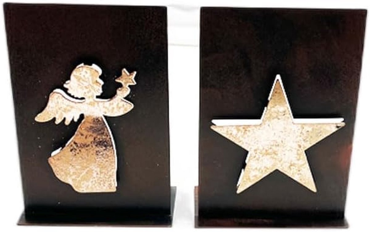 Theelichthouder Metaal - Kaarsenhouder Decoratie - Sfeerverlichting Creëren - 3D Engel en Ster - 16 cm - Bruin Goud
