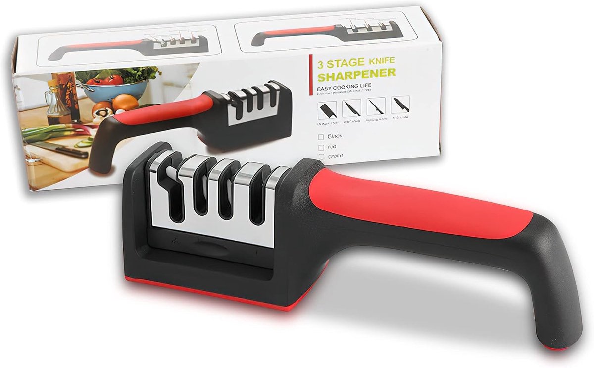 Rollende messenslijper - Zwart - 3-traps slijper met antislip handvat - Handmatig voor messen en scharen
