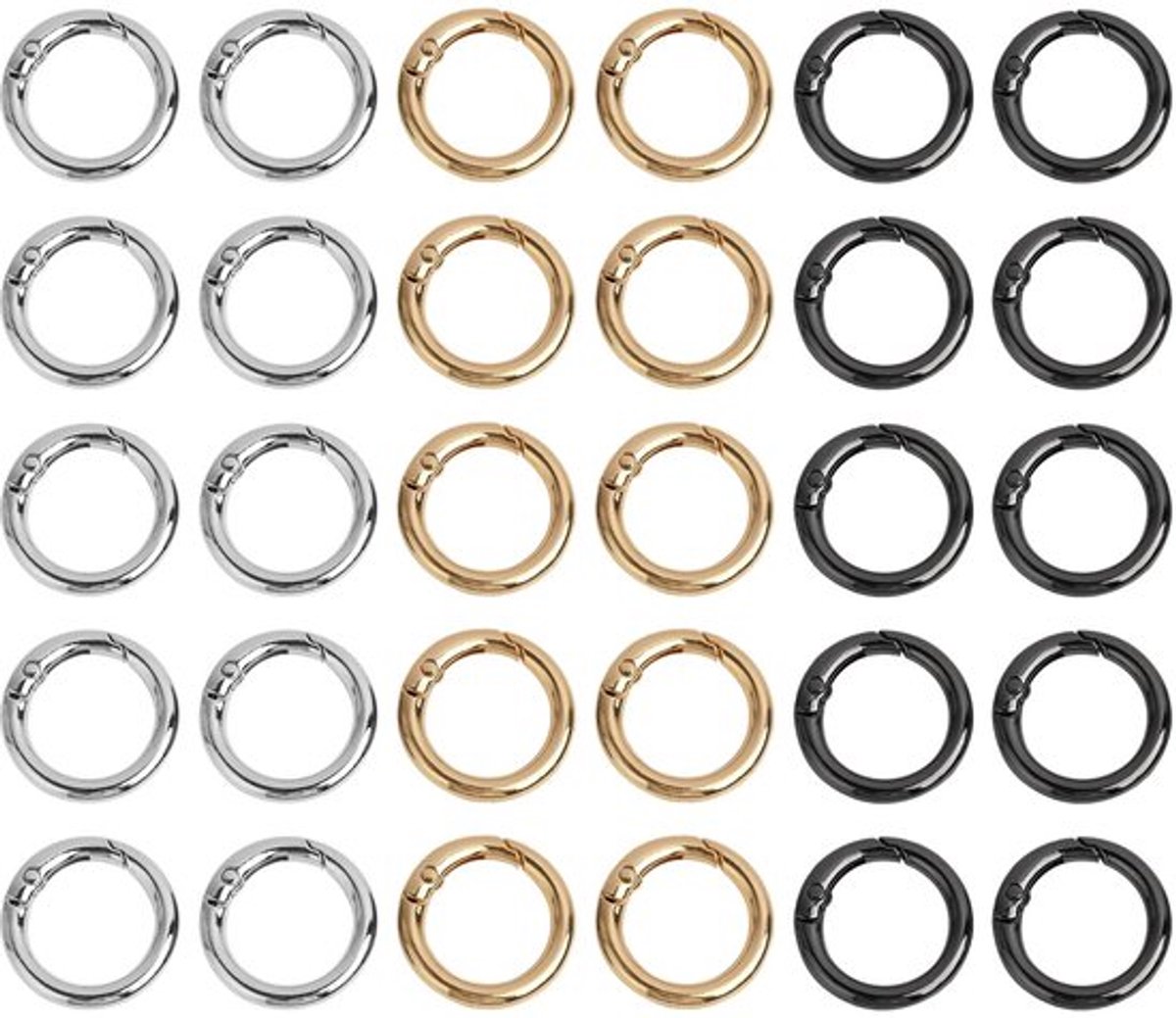 30 Stuks Ronde Karabijnhaken 20 mm - Corrosiebestendig en Duurzaam in Goud, Zilver en Zwart