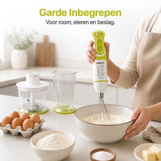 Heinner Staafmixer Set - 600W - 5 Snelheden - Turbo Functie - 700 ml Maatbeker - Hakmolen - Garde - RVS Staaf - Wit/Groen van Heinner — afbeelding 3