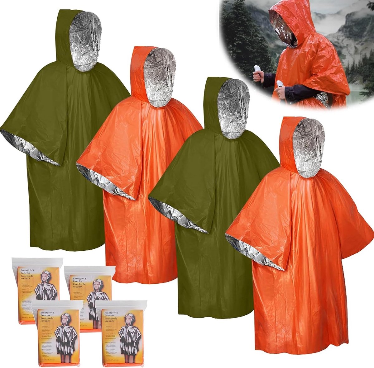 Noodpakket - Oranje regenponcho set - 125 x 100 cm - PE materiaal - Voor kamperen en wandelen