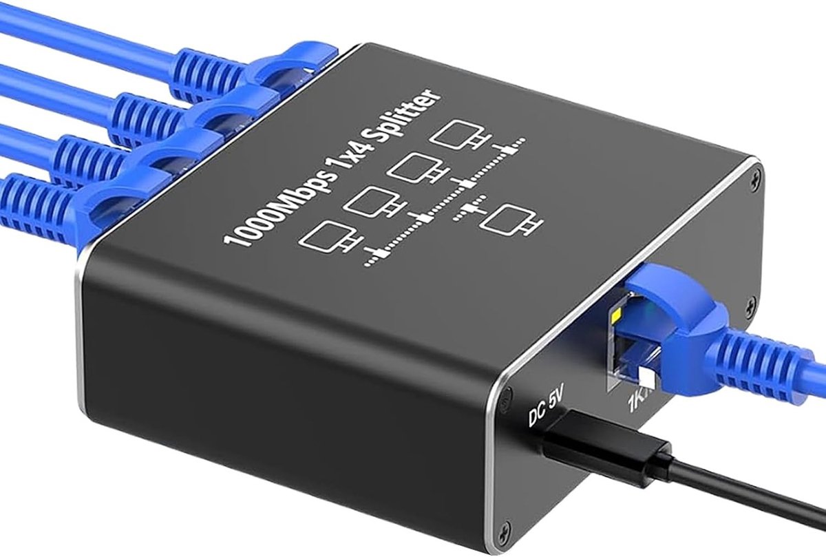 Netwerksplitter - Zwart - 2,4 x 5,3 x 6,3 cm - Gigabit Ethernet met USB-C Voeding - Voor Computer en Laptop
