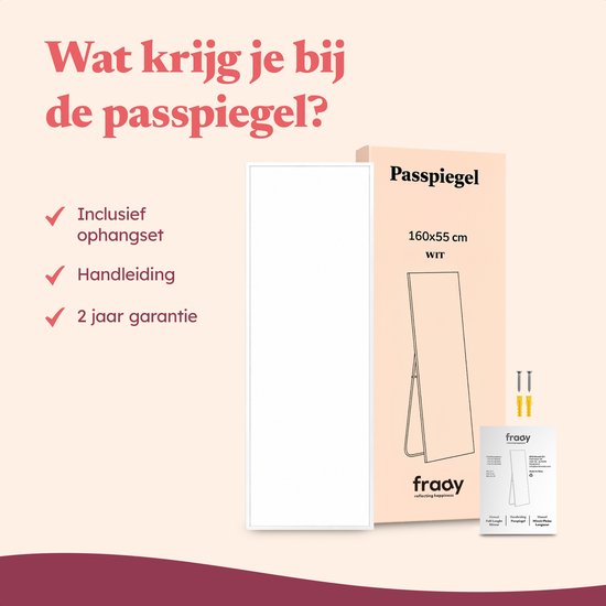 Een spiegeldoos met de tekst 'Passpiegel 160x55 cm wit', met accessoires zoals een ophangset. Tekst: Wat krijg je bij de passpiegel?