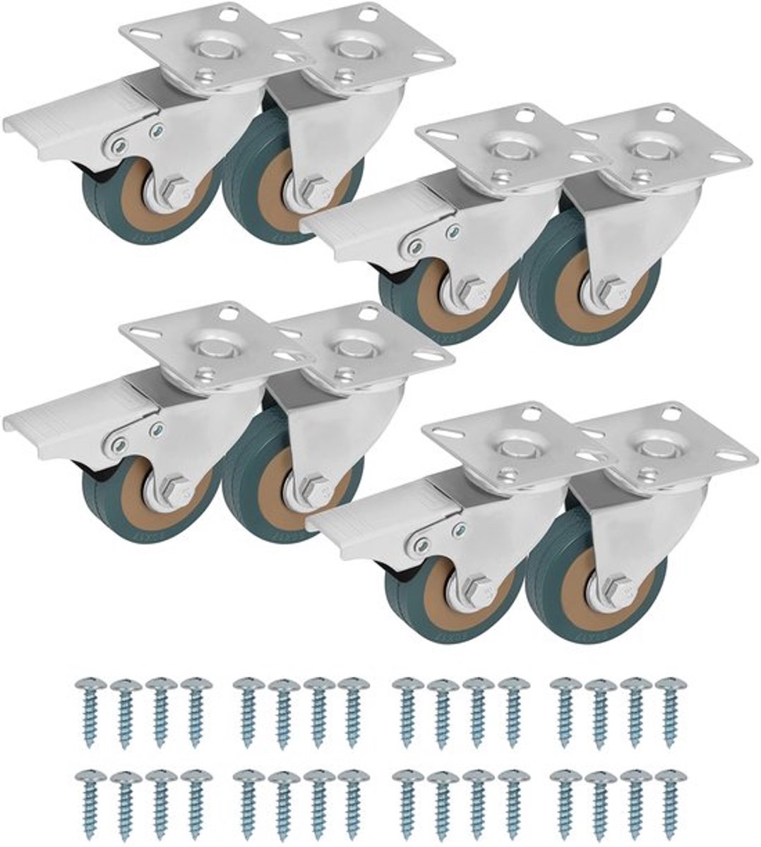 Zwenkwielen Set van 8 - Zware Kwaliteit - 50 mm Rubberen Wielen - Zwenkwielen met Rem - Meubelwielen - Industrieel Gebruik - Draagvermogen 50 kg