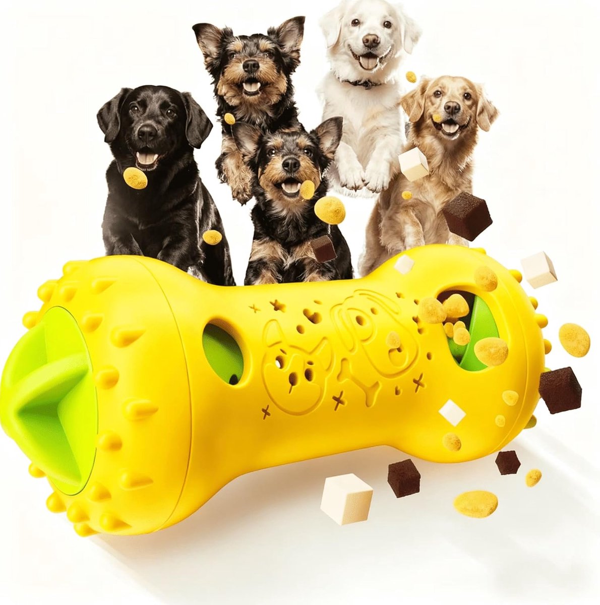 Interactieve hondenspeeltje - instelbare traktatiedispenser - stimuleert de hersenen - vermindert verveling en stress - verrijkingsspeeltje - voor alle honden - geel - 1 stuk