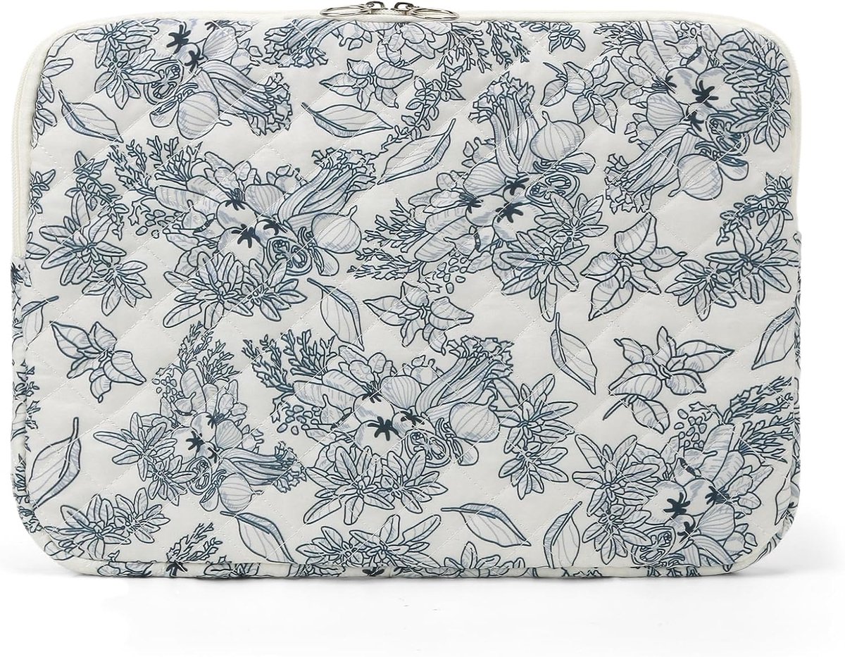 15 inch laptophoes met donkerblauw botanisch bloemenpatroon, gewatteerde quiltstof, zachte beschermhoes voor notebook en laptopaccessoires