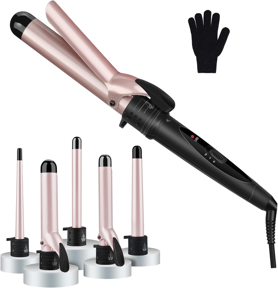 Wafeltang haar - Zwart - 5 verwisselbare keramische rollen 0,76-3,18 cm - Multifunctionele krultangset - Voor alle haartypes