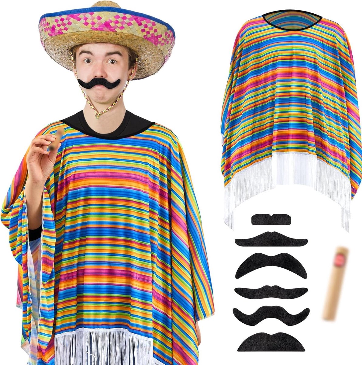 Set van 3 Mexicaanse Kostuumaccessoires voor Mannen - Fiesta Serape Poncho, Realistische Snor en Neppijp voor Carnaval en Cosplay