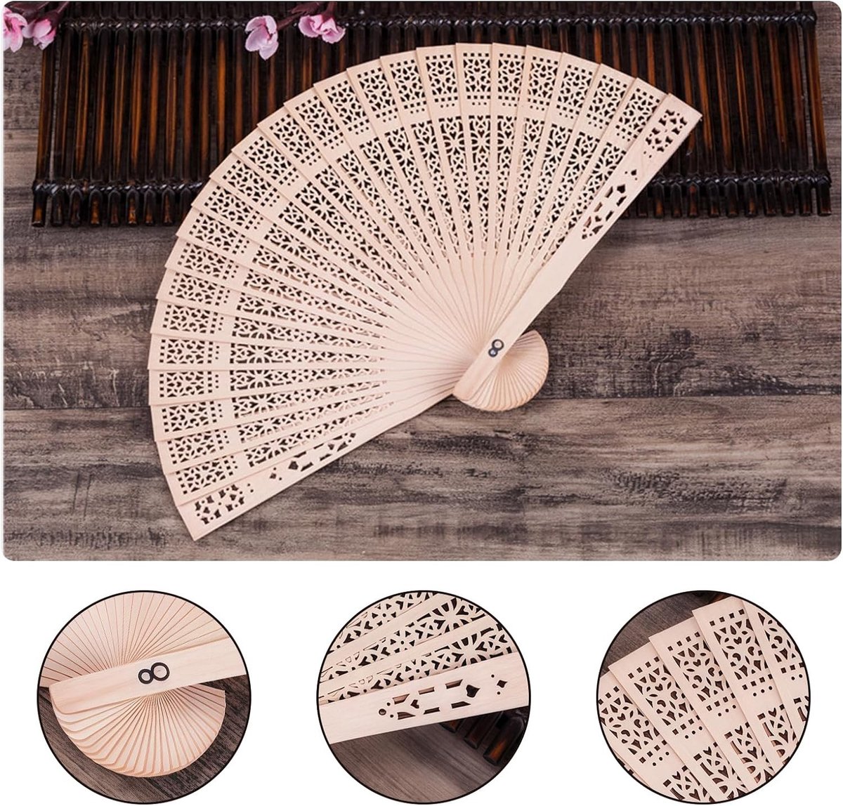 Handventilatoren voor Vrouwen - 4 Stijlvolle Houten Handfans, Persoonlijk en Uniek Ontwerp