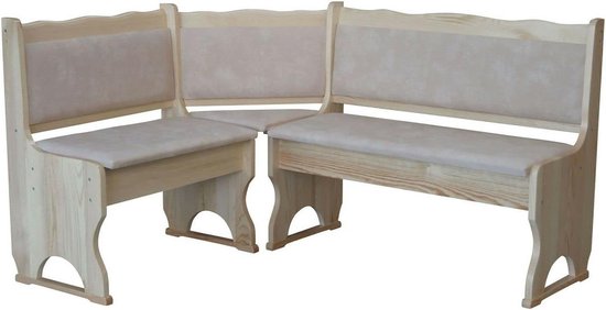 Hoekbank van grenenhout met beige bekleding, 140x140 cm, klassiek houten onderstel.