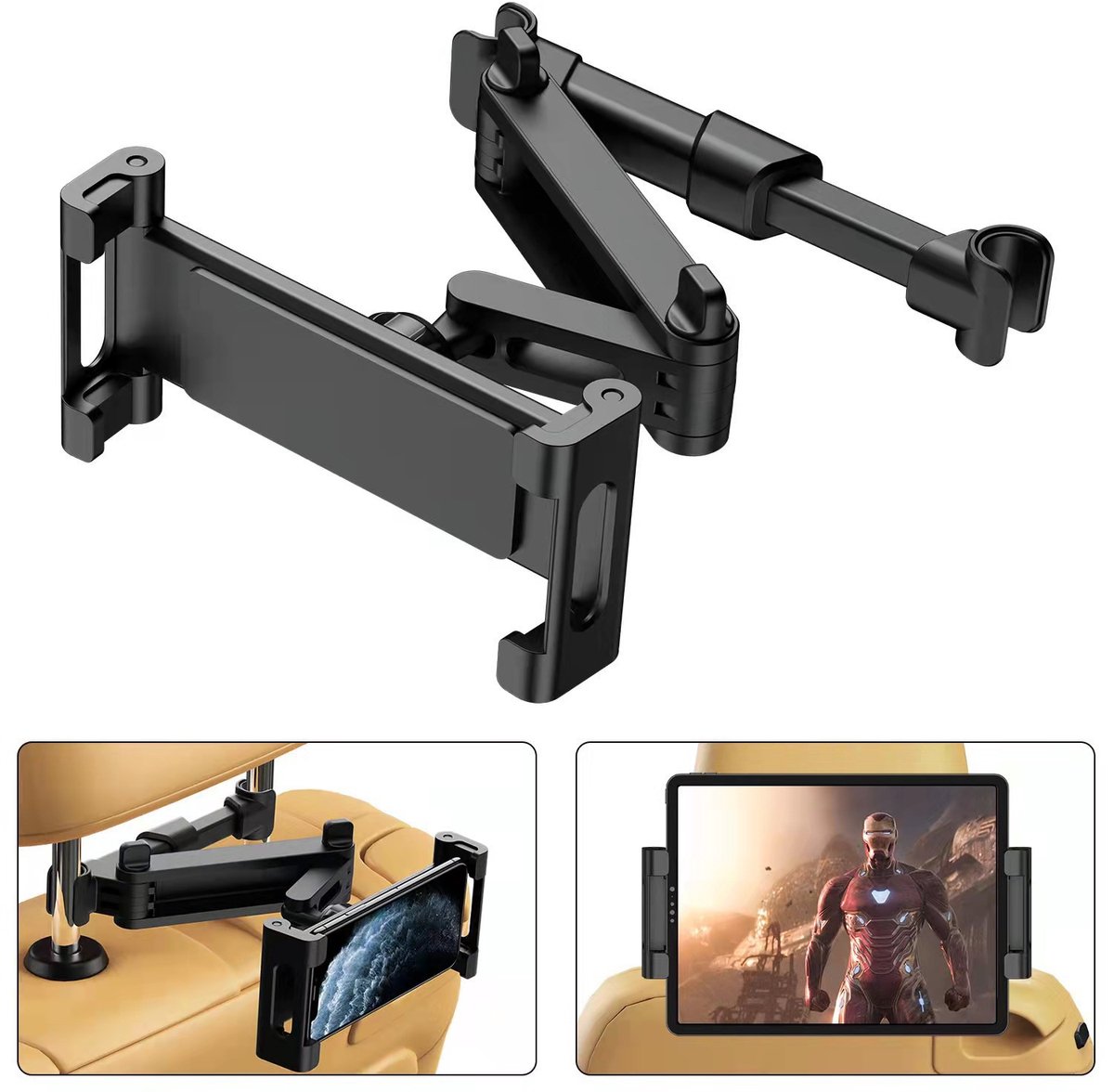 Tablet Houder Auto - Kantelbaar & Draaibaar - Tablethouder - Hoofdsteun Bevestiging -12 cm tot 32,8 cm -zwart