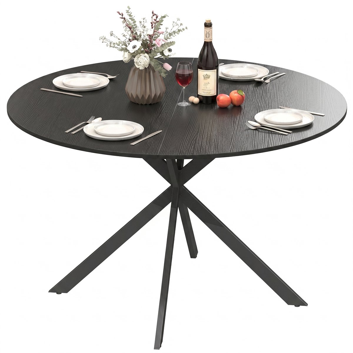 Ronde eettafel voor 4 personen - industriële keukentafel met stalen poten - voor eetkamer - keuken - zwart