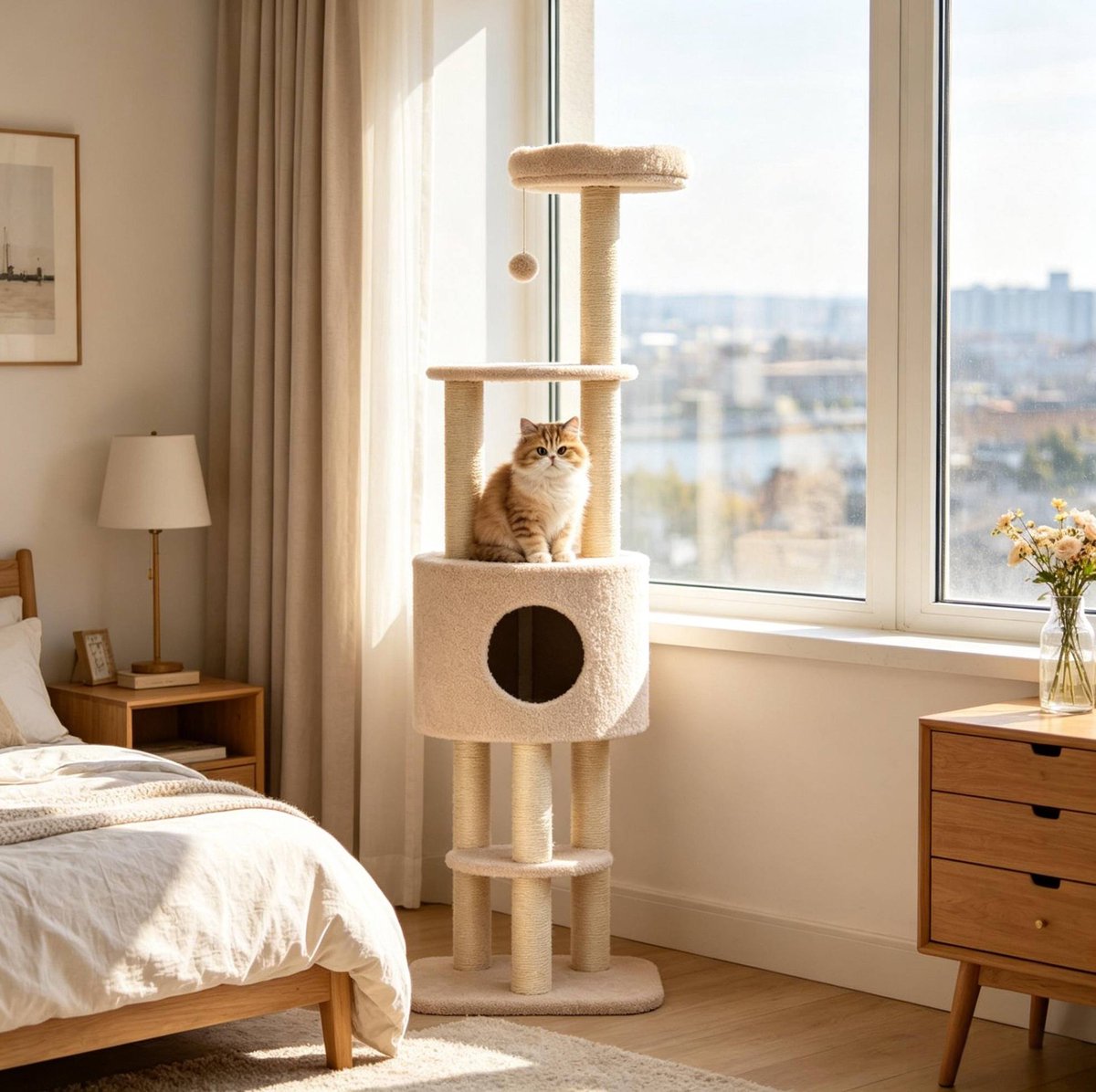 FloraGrace Krabpaal Met Speelbal 148 Cm – Meerdere Speelniveaus – Hout Pluche Sisal – Beige – Kattenboom Met Kattenhuisje