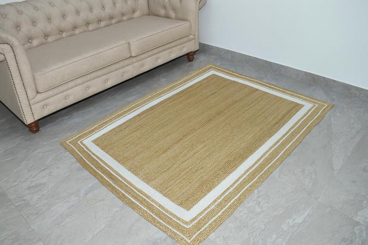 Jute vloerkleed - Handgevlochten kleed - Woonkamer aankleden - Natuurlijke vezels - 240 x 300 cm - Beige met lijn