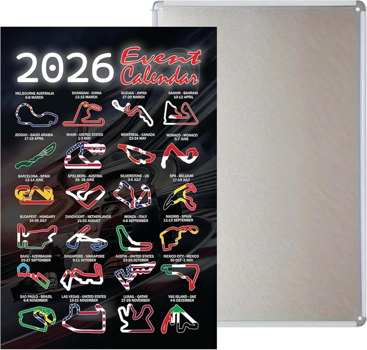F1 kalender 2026 poster - metalen bord - complete racetijden - perfect voor fans - SnelShoppen