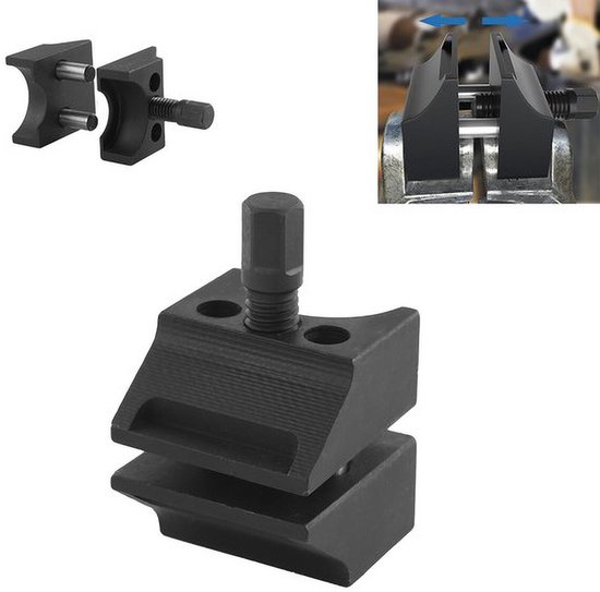Zwarte metalen schokdemper splitter gereedschap, met een hoofdafbeelding en een kleinere afbeelding van een auto.