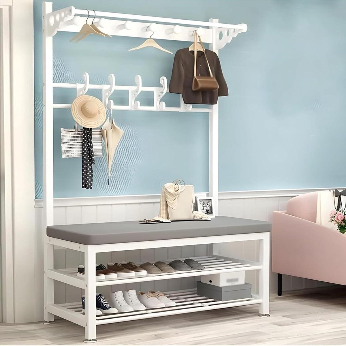 Kapstok met Schoenenrek - Entreebank Kledingrek - Hal Organiseren - 4-in-1 Design - 80x33x172cm - Grijs