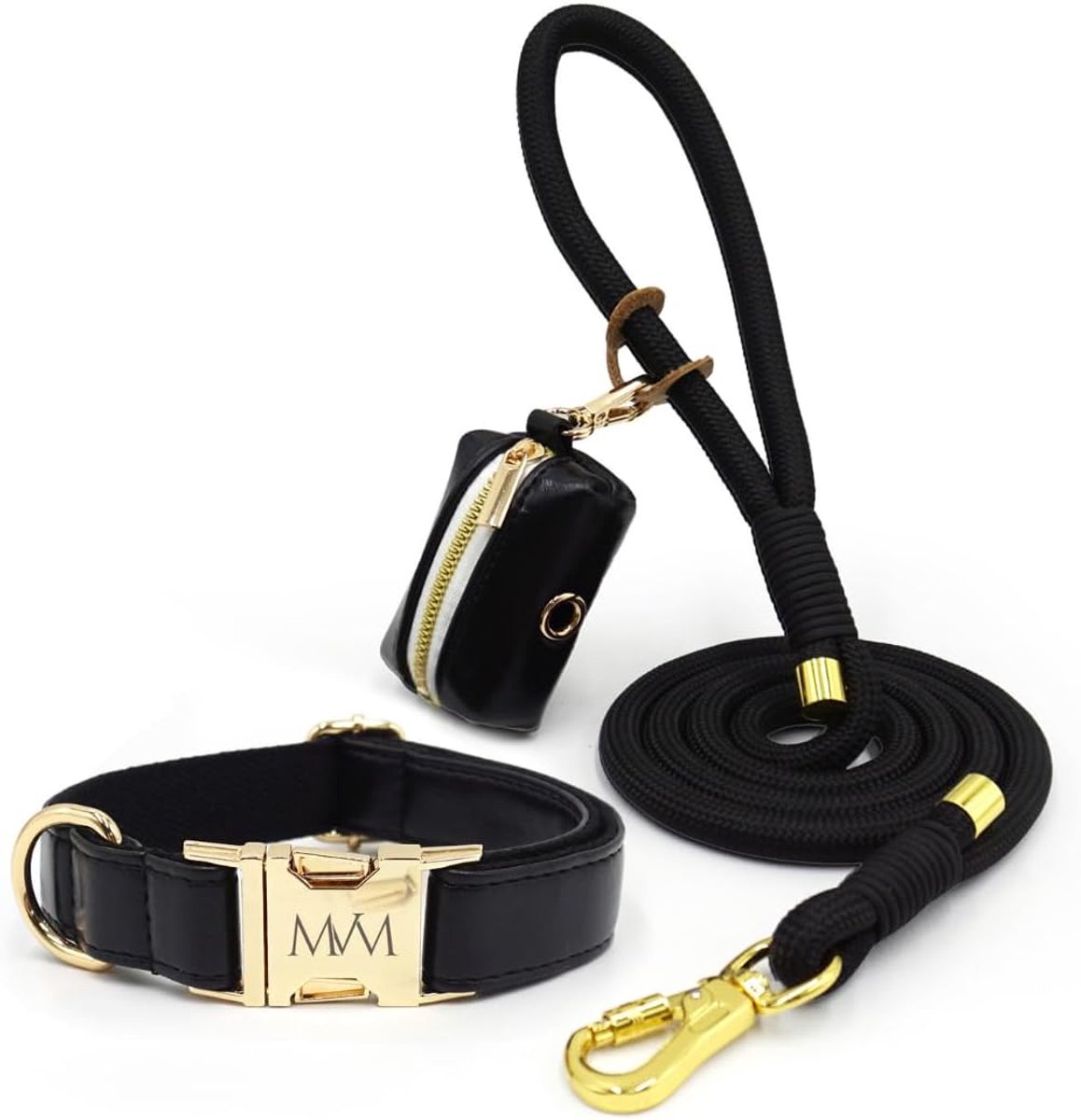 Hondentuig met Halsband en Poepzakdispenser - Waterdicht PU Leer en Gevlochten Nylon